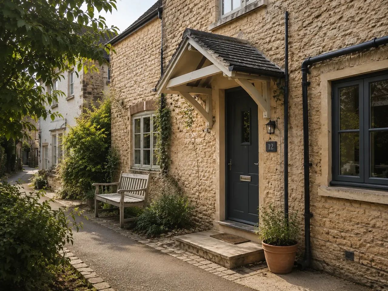 Honey-coloured Cotswold stone cottage with a dark front door, timber porch and bench on a quiet lane