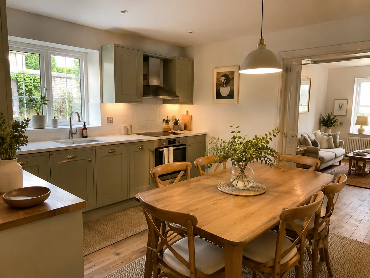 Sage green shaker kitchen opening onto an oak dining table and living room