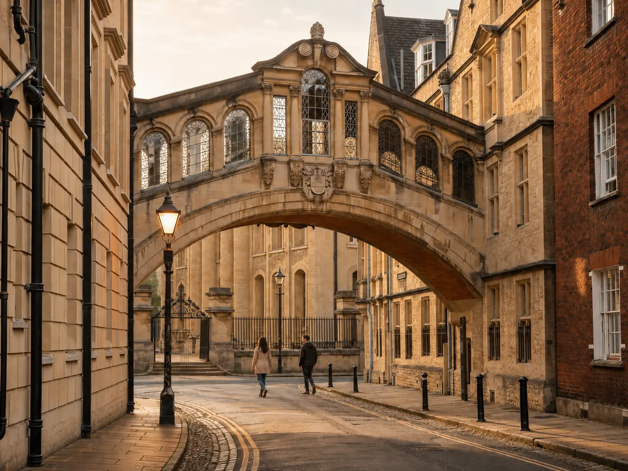 Warm evening light on Oxford's Bridge of Sighs and the stone townhouses of New College Lane